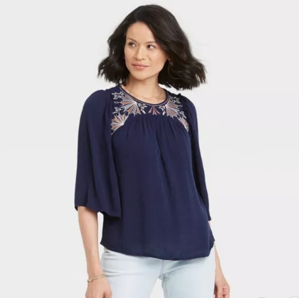 Knox Rose Boho Embroidered Navy 3/4 Sleeve Shirt Size XS